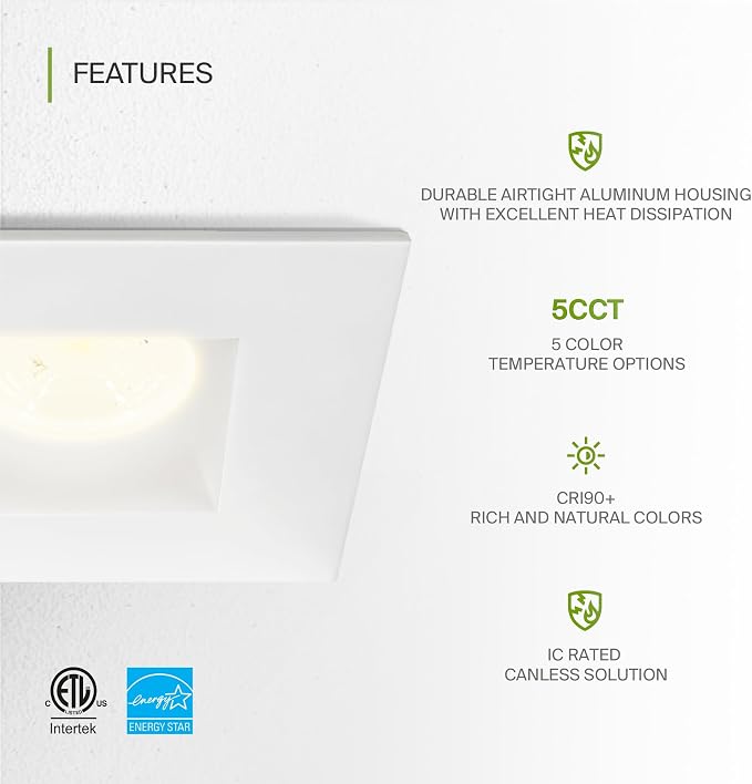 ASD 2 Inch LED Recessed Lighting with Junction Box, 8W 600 Lumens, Dimmable Anti-Glare Downlight, 2700K/3000K/3500K/4000K/5000K Selectable, CRI 90+, Square White Trim, IC Rated, ETL, Energy Star