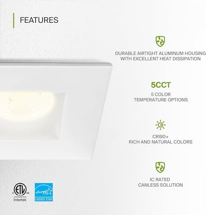 ASD 2 Inch LED Recessed Lighting with Junction Box, 8W 600 Lumens, Dimmable Anti-Glare Downlight, 2700K/3000K/3500K/4000K/5000K Selectable, CRI 90+, Square White Trim, IC Rated, ETL, Energy Star