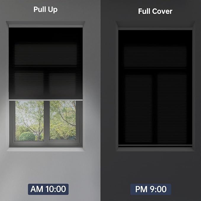 Cellular Shades Light Filtering Honeycomb Blinds for Indoor Windows, Cordless Cellular Shades 1.5 inch Cell Pleated for Bedroom Home Office, Custom Size, Half Shading Black