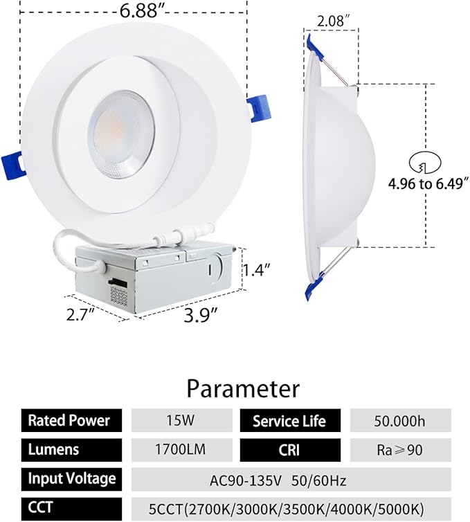 Adetu Led Recessed Lighting 6 inch, 360°+90° Adjustable Directional Gimbal 6 inch Led Recessed Light, 2700K-5000K 5CCT Dimmable Retrofit Eyeball Can Recessed Lights with Jbox, ET (White,1 Pack)