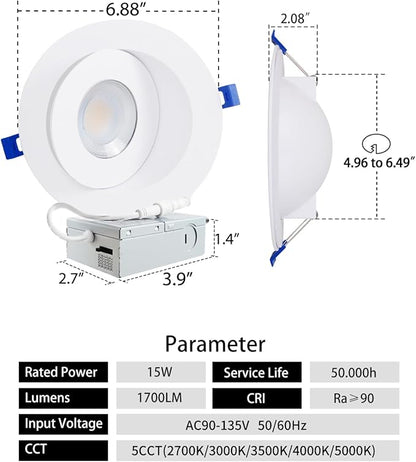 Adetu Led Recessed Lighting 6 inch, 360°+90° Adjustable Directional Gimbal 6 inch Led Recessed Light, 2700K-5000K 5CCT Dimmable Retrofit Eyeball Can Recessed Lights with Jbox, ET (White,1 Pack)