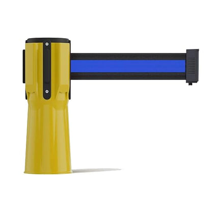 Trafford Industrial 11 Ft. Cone-Mounted Retractable Belt Barrier Yellow Case with Black and Blue Horizontal Stripe Belt