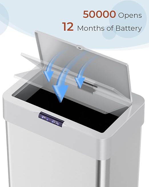 TLSUNNY 13.2 Gallon Motion Sensor Trash Can,Touchless Automatic Garbage Can,Brushed Stainless Steel Smart Bin,with Bag Holder,Soft Close Lid,for Kitchen,Office,RV,Bedroom,Living Room (Silver, 50L)