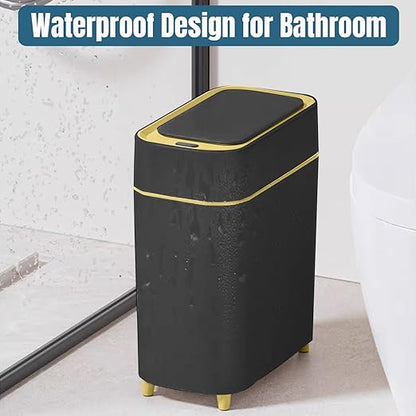 LALASTAR 2-Pack Bathroom Trash Can with Lid, Slim Motion Sensor Trash Can, Small Automatic Garbage Can Touchless, Waterproof Trash Bin for Bedroom, Office, Living Room, 2.3 Gal, Black with Gold Trim
