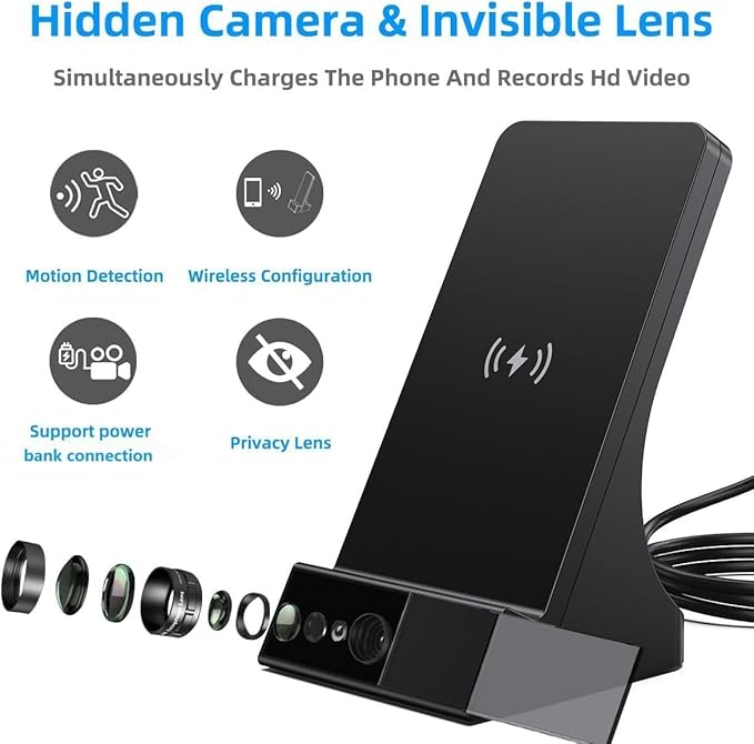 LIZVIE Phone Charger Hidden Camera with Spy Lens, 24/7 Night Vision, Wireless Charger Spy Camera Indoor, Free APP Control/Motion Detection, Supports 256GB SD Card.