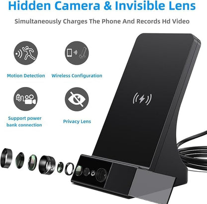LIZVIE Phone Charger Hidden Camera with Spy Lens, 24/7 Night Vision, Wireless Charger Spy Camera Indoor, Free APP Control/Motion Detection, Supports 256GB SD Card.