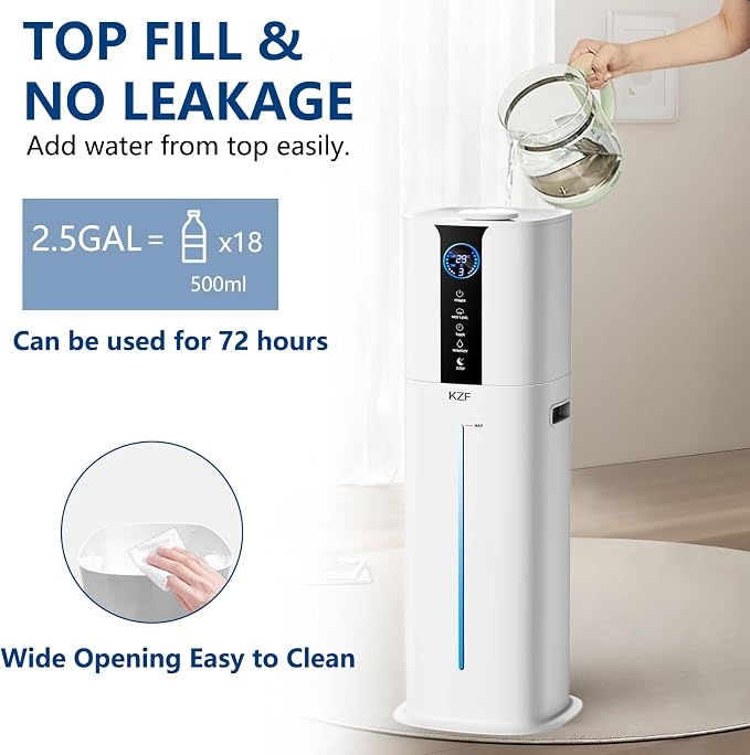 KZF 9L Humidifiers for Bedroom Large Room, 2.3Gal Cool Mist Top Fill Diffuser, Remote Control, 3 Mist Modes, Quiet Humidifier for Home Office Plant (Remote Control, White)