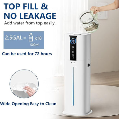KZF 9L Humidifiers for Bedroom Large Room, 2.3Gal Cool Mist Top Fill Diffuser, Remote Control, 3 Mist Modes, Quiet Humidifier for Home Office Plant (Remote Control, White)