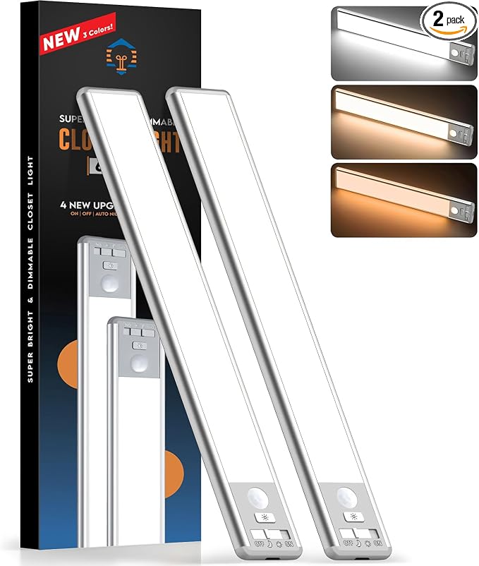 BLS 10inch Under Cabinet Lighting, LED Closet Lights, Motion Sensor Light Indoor, Battery Operated USB C Rechargeable, Dimmable Magnetic Night Light for Kitchen, 4 Sensor Mode, 3 Color (2 Pack)