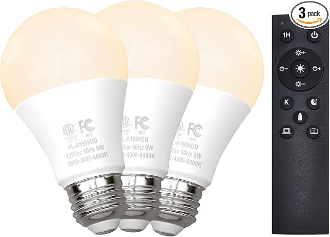 Gupuzm A19 LED Remote Control Bulbs, 800LM 9W, Equivalent to 60W Bulbs, Dimmable Bulb with Remote Control 3000K-6000K, E26 Base, CRI 80+,2.4GHz, Lifespan Over 25,000 Hours (9W-1 Remote-3 Bulb)