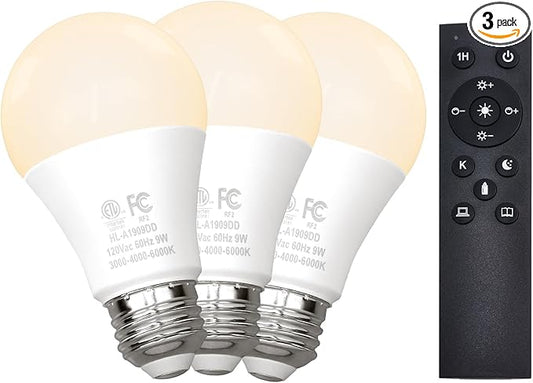 Gupuzm A19 LED Remote Control Bulbs, 800LM 9W, Equivalent to 60W Bulbs, Dimmable Bulb with Remote Control 3000K-6000K, E26 Base, CRI 80+,2.4GHz, Lifespan Over 25,000 Hours (9W-1 Remote-3 Bulb)