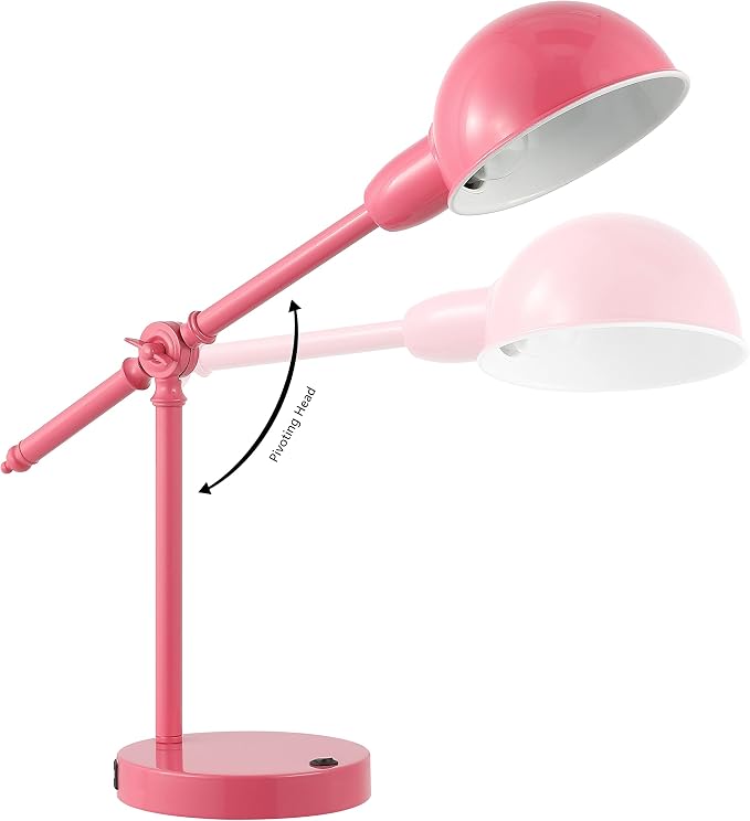 JONATHAN Y Curtis Task Lamp 20.25" Industrial Metal Adjustable USB, Pink | Vintage Style, Dome Shade, LED Bulb Included, Perfect for Home Office or Nightstand