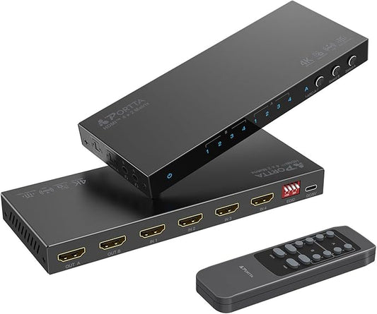 4K 60Hz HDMI Matrix 4x2, PORTTA 4 in 2 Out Switch Splitter with Toslink 3.5mm Audio Extractor, ARC, 16 EDID Modes, 4K Downscale, and IR Remote Support HDMI 2.0b HDCP 2.3/2.2 HDR 3D
