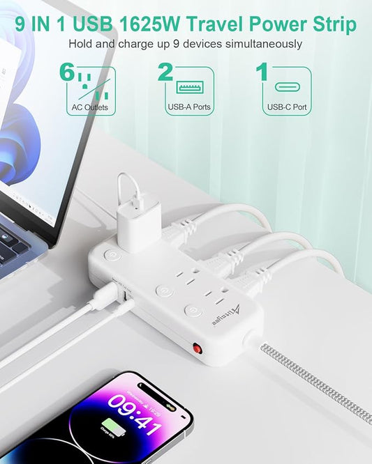 Individual Switch Power Strip Surge Protector with 6 Outlets 3 USB(17W USB C), 5Ft Braided Cord Ultra Thin Flat Plug, 13A Wall Mount Extension Cord with Circuit Breaker for Travel Home Office Dorm