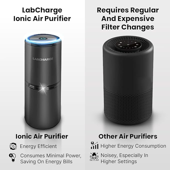 LabCharge Small Ionic Air Purifier for Home & Bedroom – Silent HEPA Filter – Covers 250 Sq Ft - Free Cleaner – Compact & Black Design - Pack of 2