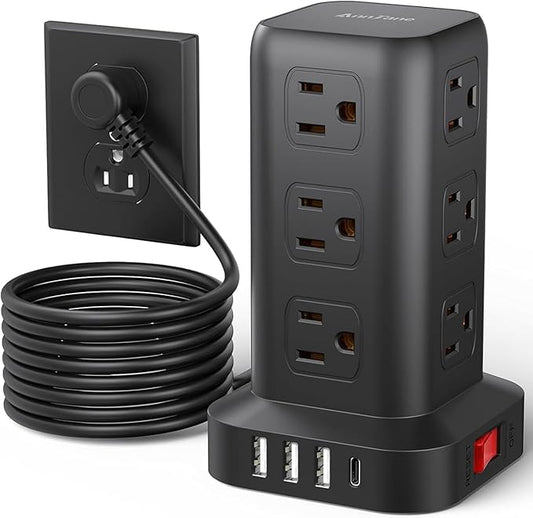 AnnTane Surge Protector Power Strip 10 FT Cord, Power Strip Tower with 4 USB Ports (1USB C), Extension Cord with 12 AC Multiple Outlets, Home Office Supplies Desk Accessories, Dorm Room Essentials