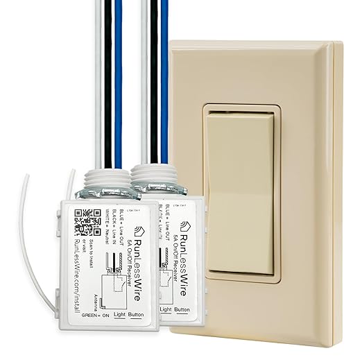 RunLessWire 2 Fixture Battery-Free DIY Kinetic Wireless Light Switch Kit 150ft RF Range for Different Fixtures or Outlets: 1 Remote Switch Controls 2 5A On/Off Receivers Simultaneously Light Almond