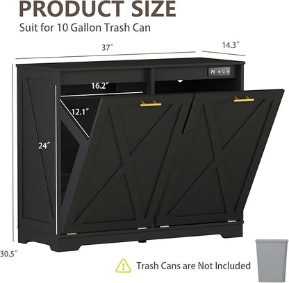 Double Tilt Out Trash Can Cabinet, Wooden Farmhouse Kitchen Garbage Bin Enclosure with Negative Ion Odor Control, Hidden Dog Proof Trash or Laundry Basket Storage for Laundry Room, Black