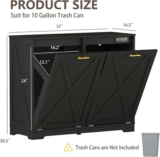 Double Tilt Out Trash Can Cabinet, Wooden Farmhouse Kitchen Garbage Bin Enclosure with Negative Ion Odor Control, Hidden Dog Proof Trash or Laundry Basket Storage for Laundry Room, Black
