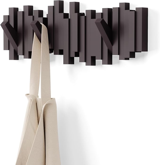 Umbra Sticks Wall Mount Coat Rack, 5 Hook Retractable Pegs, Espresso | Mounting hardware included, sculptural modern design, entryway or bedroom use, recycled plastic