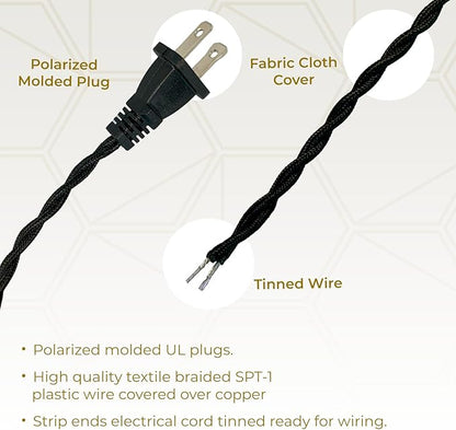 Royal Designs, Inc. 8Ft Twisted Rayon Lamp Cord with NEMA-15P Plug, Rotary Dimmer Switch, Stripped Ends Ready for Wiring, SPT-1 UL Listed, Black - Pack of 1