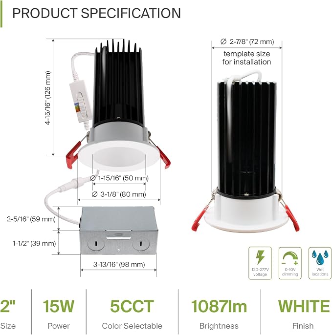ASD 2 Inch LED Recessed Lighting with Junction Box, 15W 120-277V, Dimmable Anti-Glare Downlight, 2700K/3000K/3500K/4000K/5000K Selectable, CRI 90+, Round White Trim, IC Rated, ETL, Energy Star