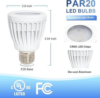 6 Pack PAR20 LED Bulbs, Aluminum Waterproof Outdoor Spotlight Bulb E26 Base 7W Dimmable 3000K Warm White, 50W Equivalent for Indoor or Outdoor 40°, UL