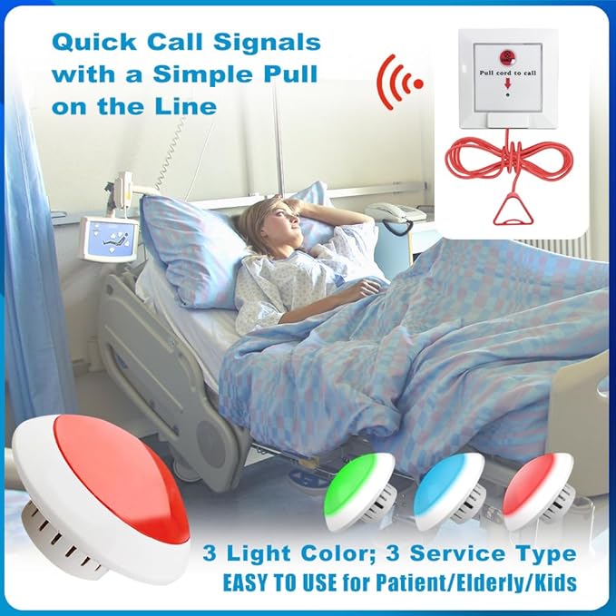 Bathroom Pull Cord Alarm with Dual Receivers Waterproof Wrist SOS & Neck Call Buttons Long Range Nurse Emergency Alert with Strobe Light for Elderly Home & Hospital Care