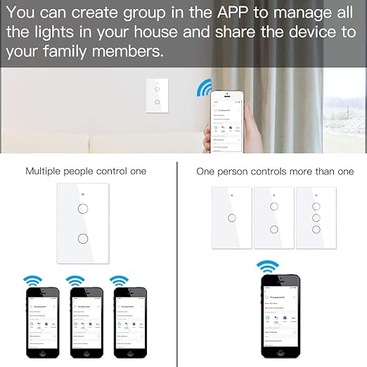 MOES Touch Wall Single Live Wire Smart Switch，No Neutral Wire Needed, 2.4GHz WiFi RF433 Light Switch Works with Smart Life/Tuya App, Alexa and Google Home, Single Pole 110V, White 2 Gang