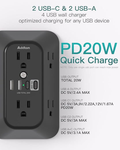 Addtam 6-Outlet Extender Surge Protector, Multi Plug Wall Outlet with 4 USB Wall Charger(PD 30W), Plug Extension Outlet with 1800J, Outlet Splitter Power Strip for Home Office, Black