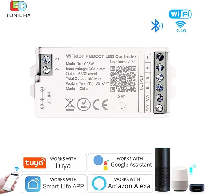 C05W RGBCCT LED Controller Tuya WiFi 2.4G RF 6Pin PWM for SMD FCOB Strip