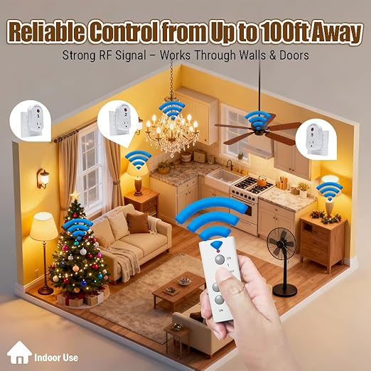Remote Control Outlet, C-GLNKY Wireless Electrical Plug Switch for Lights, Lamps, Fans, 100ft RF Range,15A 1800W (1 Remote + 3 Outlet+1 Battery)