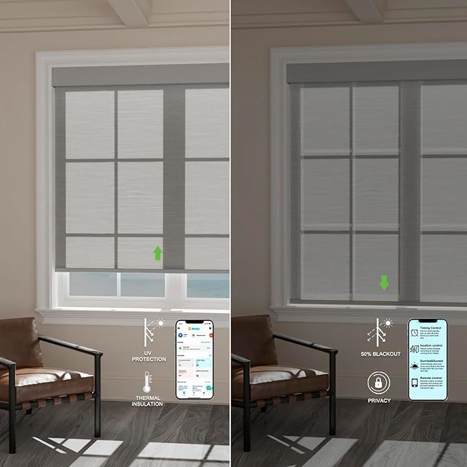 Motorized Blinds with Remote [Light Filtering] Smart Blinds Compatible with Alexa Google HomeKit, 50% Blackout Automatic Roller Shades for Indoor Windows, Customized Size, Mist Steel Gray