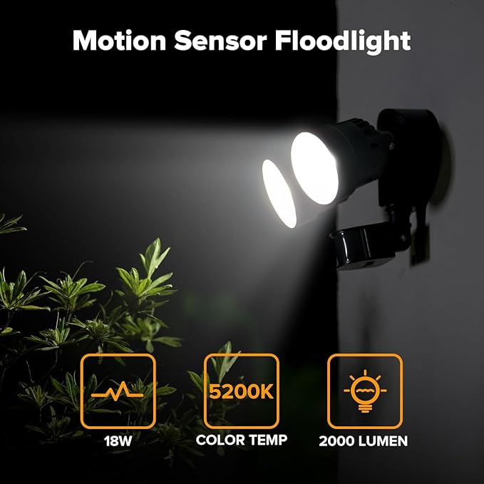 LUTEC Shrimp P6221B-PIR24 2000 Lumen 18 Watt 26 LED Motion Activated Integrated Dual-Head Floodlight Outdoor, IP54 Waterproof Exterior Security Wall Light for Patio, Garden, Yard-Black, 2 Pack