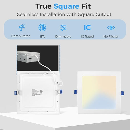 HONZIN 6 Pack 3 Inch Square Recessed Lighting, 5CCT Ultra Thin Square Recessed LED Downlight with Junction Box, 2700K/3000K/3500K/4000K/5000K Selectable, Dimmable,6W, Canless IC Rated, White Trim