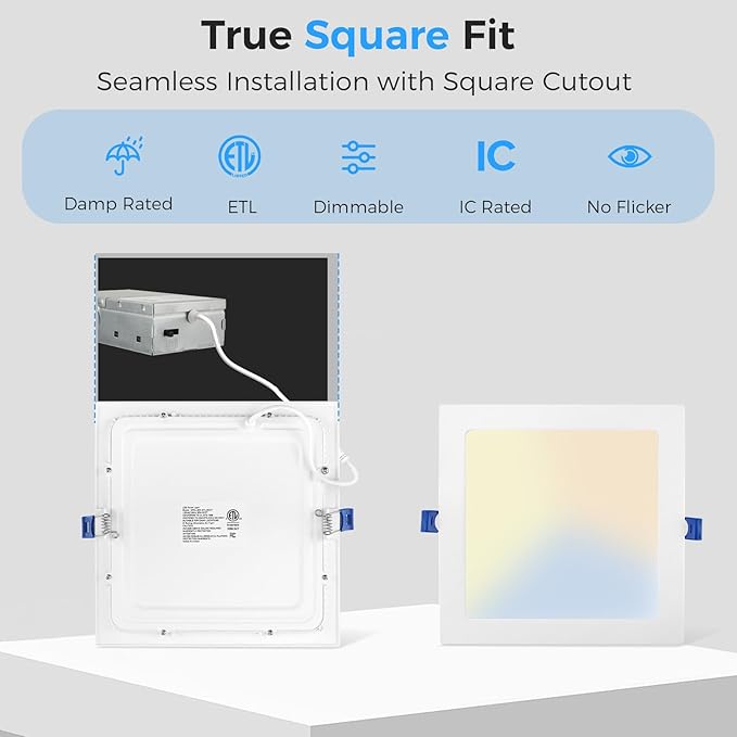 HONZIN 1 Pack 6 Inch Square Recessed Lighting, 5CCT Ultra Thin Square Recessed LED Downlight with Junction Box, 2700K/3000K/3500K/4000K/5000K Selectable, Dimmable,15W, Canless IC Rated, White Trim