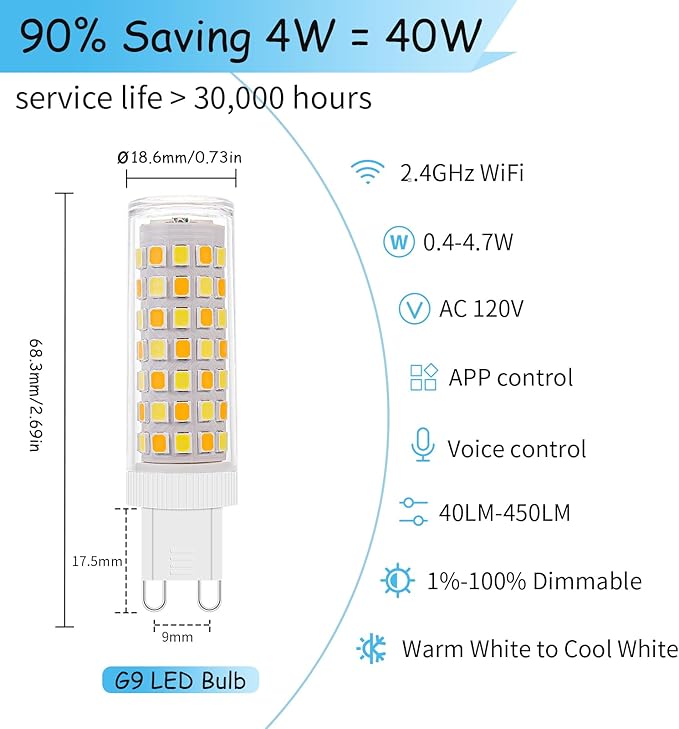 2Pack Dimmable Wi-Fi Smart LED Bulbs with G9 Base,Compatible with Amazon Alexa and Google Assistant-Warm to Cool White(2700K-6000K),Adjustable Brightness From 1%-100% (120V,0.4-4.7W,40LM-450LM）