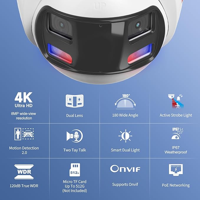 Anpviz 4k 8MP Wired Dual Lens PoE IP Camera, 180° Panoramic Security Camera Outdoor with Strobe Red & Blue Light and Audio Alarm, Smart Dual Light, Human/Vehicle Detection, 2 Way Audio, IP67(H Series)