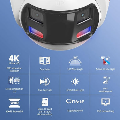 Anpviz 4k 8MP Wired Dual Lens PoE IP Camera, 180° Panoramic Security Camera Outdoor with Strobe Red & Blue Light and Audio Alarm, Smart Dual Light, Human/Vehicle Detection, 2 Way Audio, IP67(H Series)