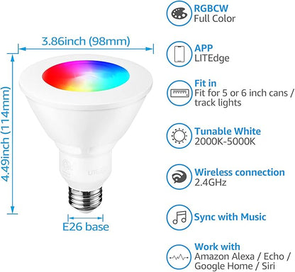 TORCHSTAR PAR30 WiFi Smart Spotlight Bulbs, RGB LED Color Changing Light,10W, Google Assistant Amazon Alexa Compatible, 2000K-5000K Tunable White CCT, E26 Base, No Hub Required, Pack of 4