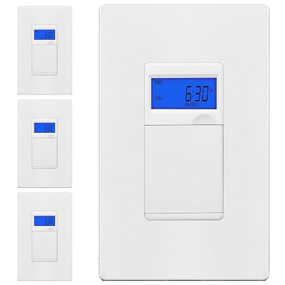 Enerlites 7 Days Digital in-Wall Programmable Timer Switch for Lights, Fans, and Motors, Single Pole, Neutral Wire Required, 7-Day 18 ON/Off Timer Settings, with Blue Backlight, HET01, White, 4 Pack | UL Listed, Digital In-Wall Switch Timer, 18 ON/OFF ...