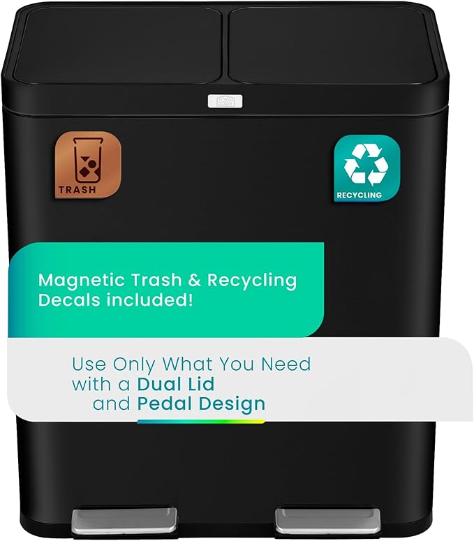 Home Zone Living 16 Gallon Kitchen Trash Can with Dual Compartments for Recycling, CleanAura Odor Control, Stainless Steel, Matte Black, 60 Liters Total