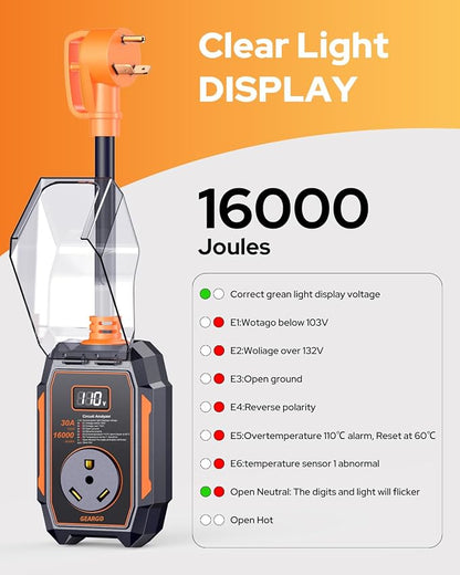 GEARGO 𝟐𝟎𝟐𝟔 Smart RV Surge Protector 30 amp with 16,000J, Auto Shutoff & Reset, Real-time LED Digital Display, IP68 30 amp RV Surge Protector, Full Circuit Analyzer for Travel Trailers