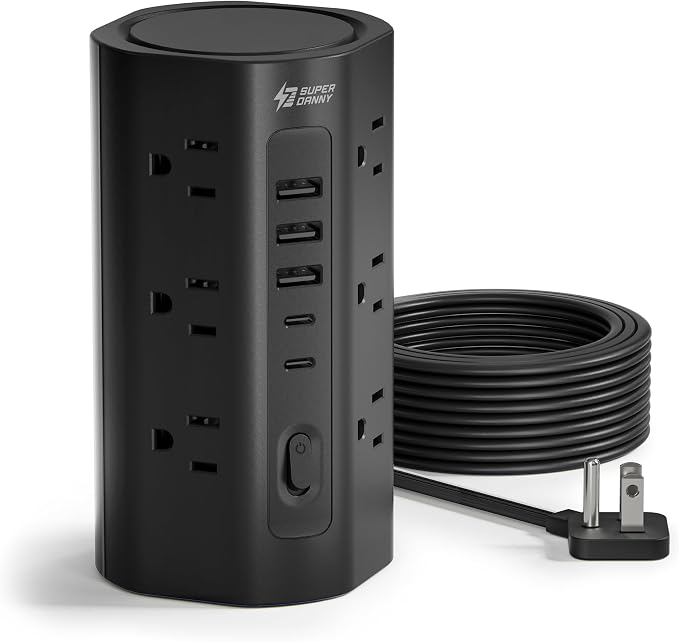 SUPERDANNY Tower Power Strip, 20Ft Extension Cord, 1700J, 12 AC 5 USB,Black | 3 USB A, 2 USB C, Surge Protector Power Tower, Flat Plug, Desk Charging Station with Multiple Outlets, Home Office Dorm Room