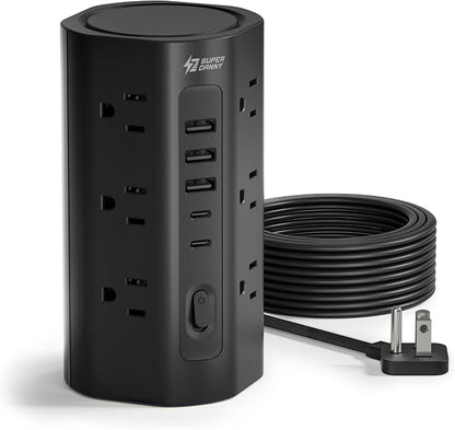 SUPERDANNY Tower Power Strip, 20Ft Extension Cord, 1700J, 12 AC 5 USB,Black | 3 USB A, 2 USB C, Surge Protector Power Tower, Flat Plug, Desk Charging Station with Multiple Outlets, Home Office Dorm Room