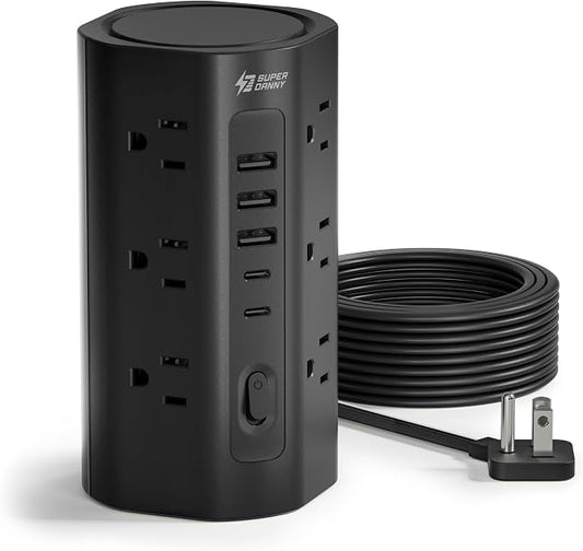 SUPERDANNY Tower Power Strip, 20Ft Extension Cord, 1700J, 12 AC 5 USB,Black | 3 USB A, 2 USB C, Surge Protector Power Tower, Flat Plug, Desk Charging Station with Multiple Outlets, Home Office Dorm Room