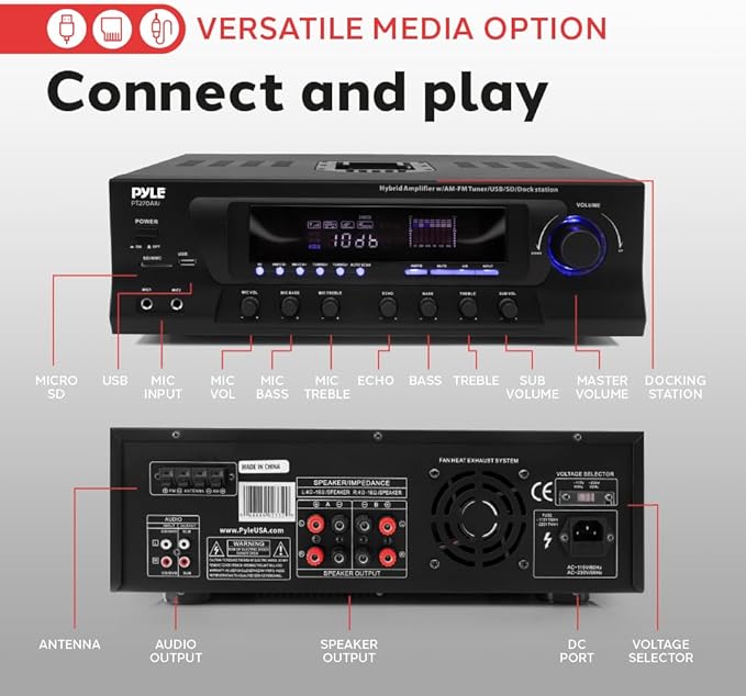 Pyle 300W Digital Stereo Receiver System - AM/FM Qtz. Synthesized Tuner, USB/SD Card MP3 Player & Subwoofer Control, A/B Speaker, iPod/MP3 Input w/Karaoke, Cable & Remote Sensor - PT270AIU.6
