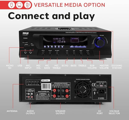 Pyle 300W Digital Stereo Receiver System - AM/FM Qtz. Synthesized Tuner, USB/SD Card MP3 Player & Subwoofer Control, A/B Speaker, iPod/MP3 Input w/Karaoke, Cable & Remote Sensor - PT270AIU.6