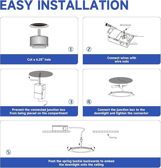 ECOELER 6 Inch Slim Recessed Lighting with Junction Box, Dimmable Recessed Can Lights, 5000K Daylight, 12W 1100Lm Dimmable LED Downlight, ETL & FCC Listed