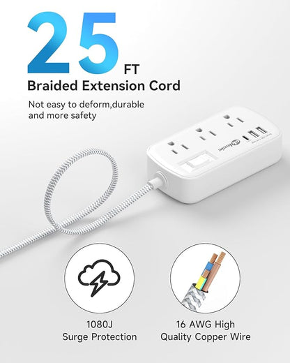 Extension Cord 25 FT Multiple Outlets Surge Protector Power Strip 6AC Outlets 3USB(5V/3.4A 17W), Flat Plug Long Braided Extension Cord, Wall Mountable for Home College Dorm 13A 1625W White